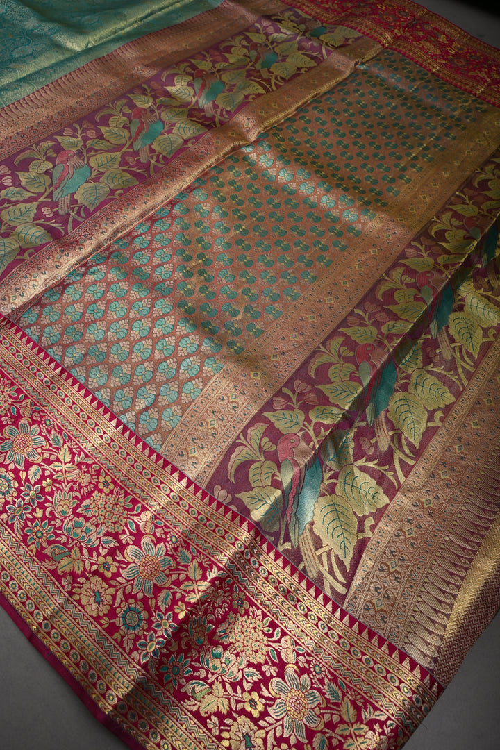 Mint Green-Gold Pure Kanjivaram Tissue Silk Saree with Meenakari Floral Jaal and Contrast Wide Zari Border | SILK MARK CERTIFIED | SHOBITAM