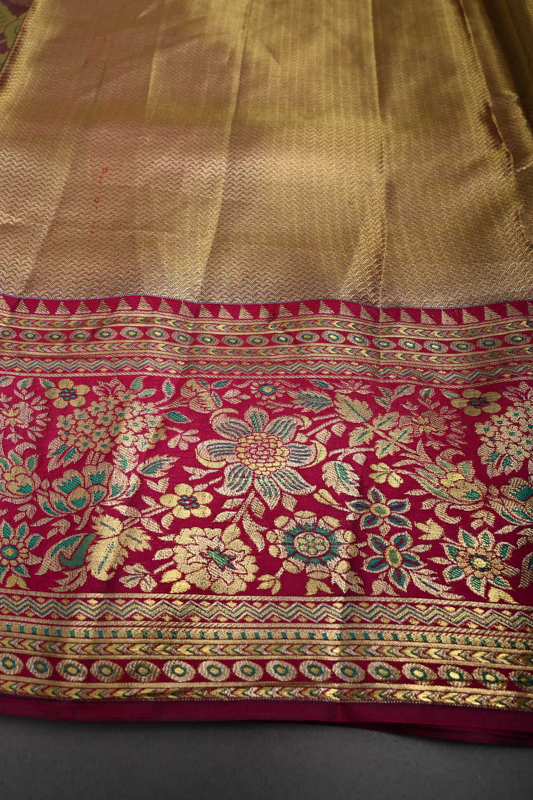 Mint Green-Gold Pure Kanjivaram Tissue Silk Saree with Meenakari Floral Jaal and Contrast Wide Zari Border | SILK MARK CERTIFIED | SHOBITAM
