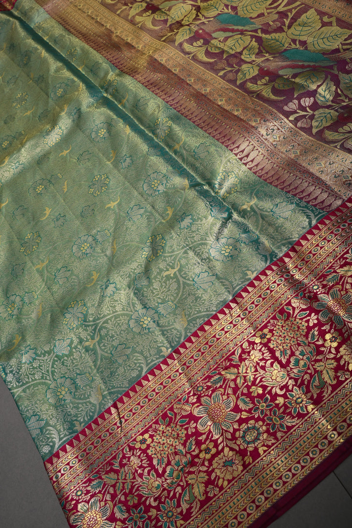 Mint Green-Gold Pure Kanjivaram Tissue Silk Saree with Meenakari Floral Jaal and Contrast Wide Zari Border | SILK MARK CERTIFIED | SHOBITAM
