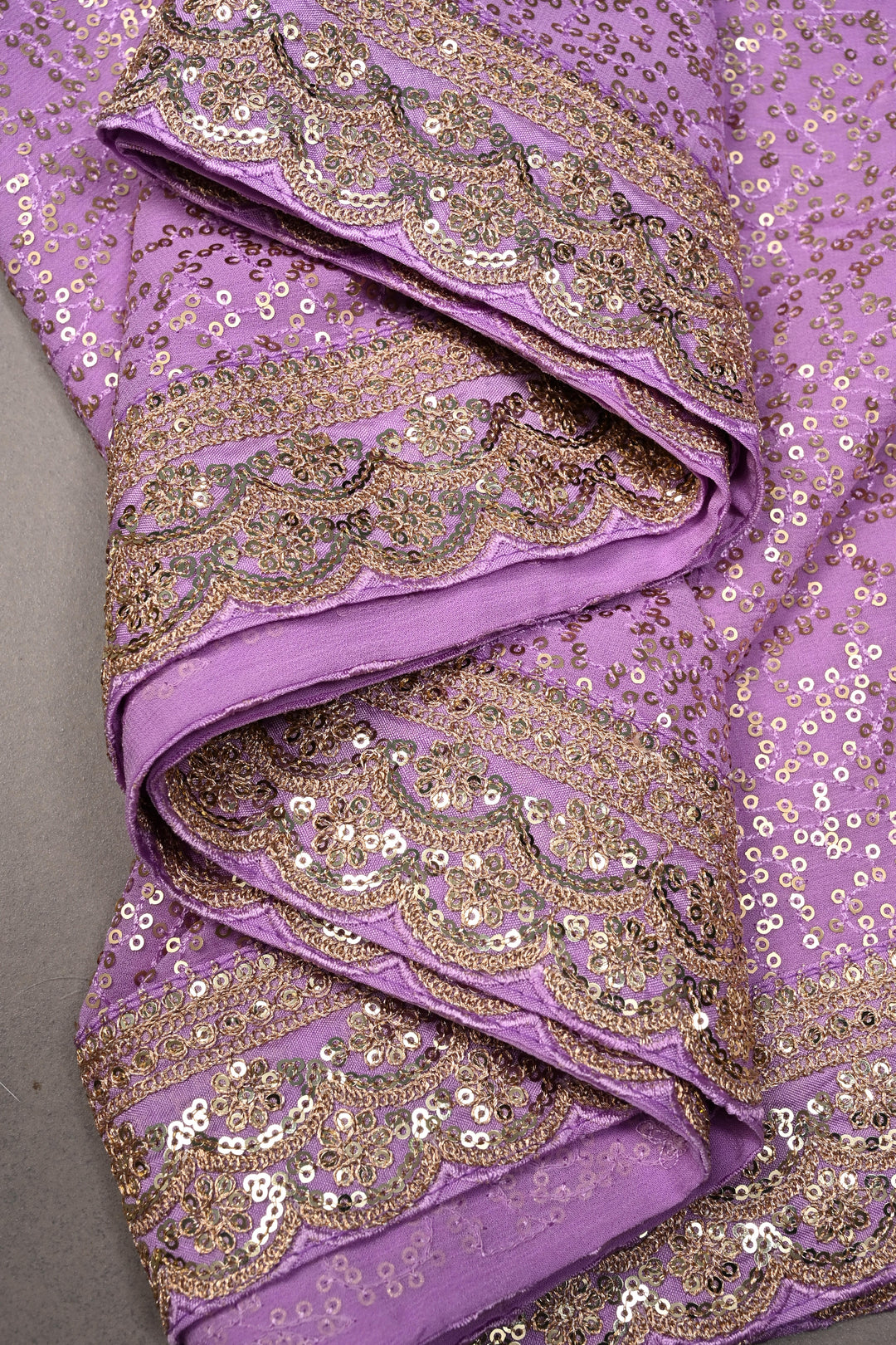 Full Sequins Embellished on Georgette Saree in Lavender with Scalloped Border |SHOBITAM