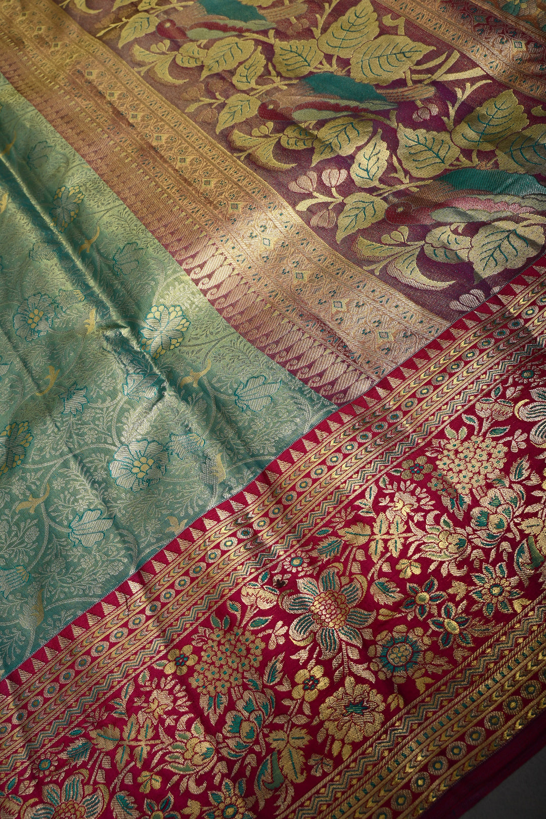 Mint Green-Gold Pure Kanjivaram Tissue Silk Saree with Meenakari Floral Jaal and Contrast Wide Zari Border | SILK MARK CERTIFIED | SHOBITAM