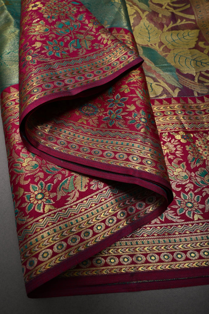 Mint Green-Gold Pure Kanjivaram Tissue Silk Saree with Meenakari Floral Jaal and Contrast Wide Zari Border | SILK MARK CERTIFIED | SHOBITAM