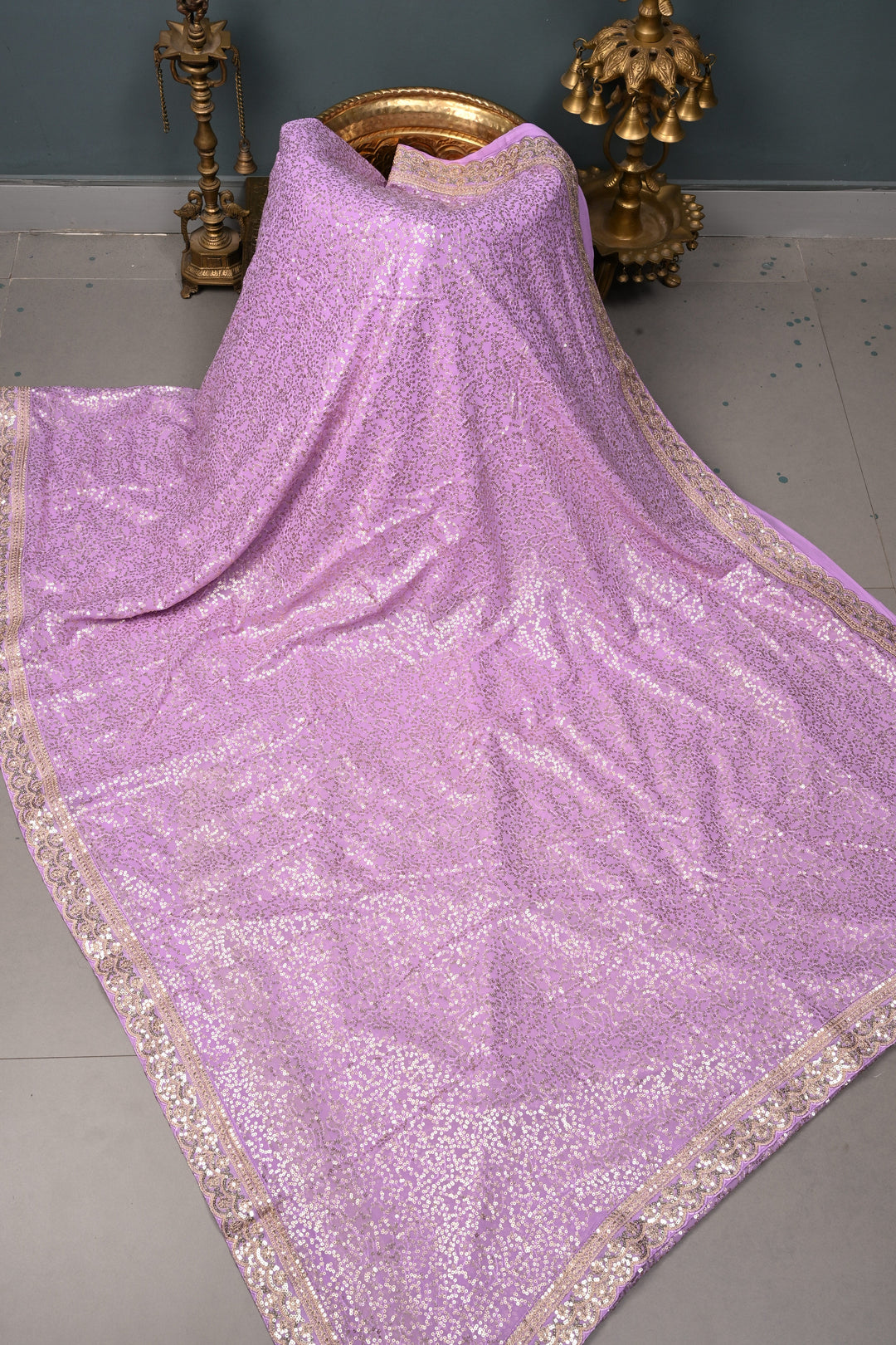 Full Sequins Embellished on Georgette Saree in Lavender with Scalloped Border |SHOBITAM