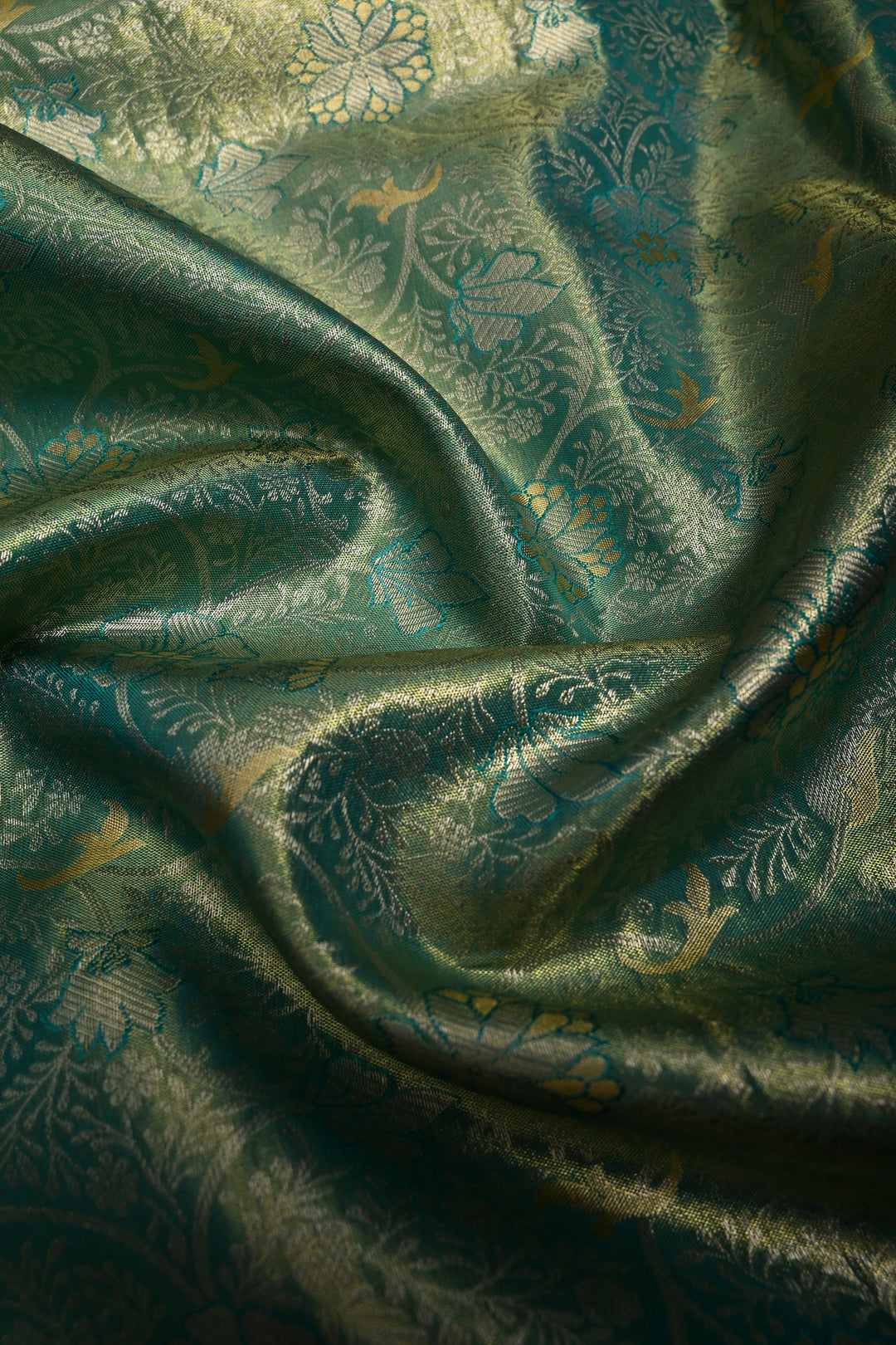 Mint Green-Gold Pure Kanjivaram Tissue Silk Saree with Meenakari Floral Jaal and Contrast Wide Zari Border | SILK MARK CERTIFIED | SHOBITAM
