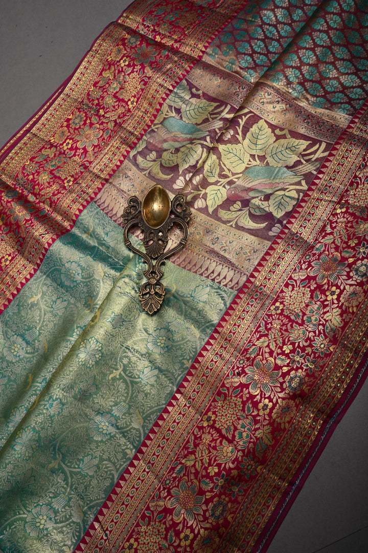 Mint Green-Gold Pure Kanjivaram Tissue Silk Saree with Meenakari Floral Jaal and Contrast Wide Zari Border | SILK MARK CERTIFIED | SHOBITAM
