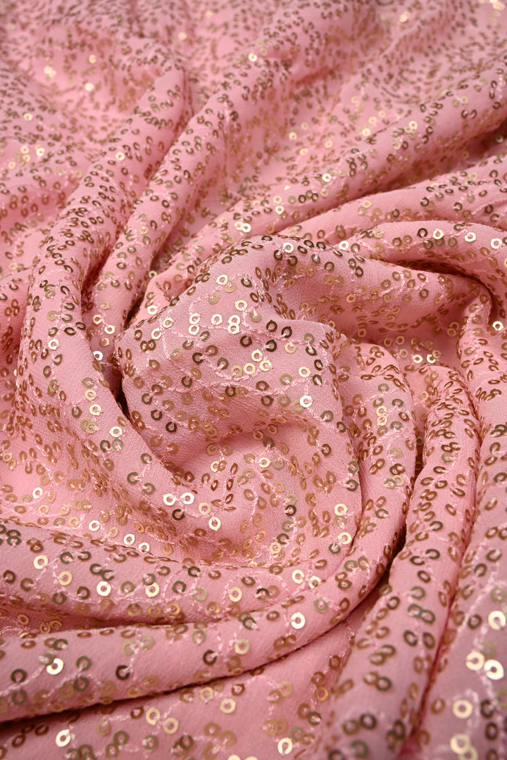 Full Sequins Embellished on Georgette Saree in Baby Pink with Scalloped Border |SHOBITAM