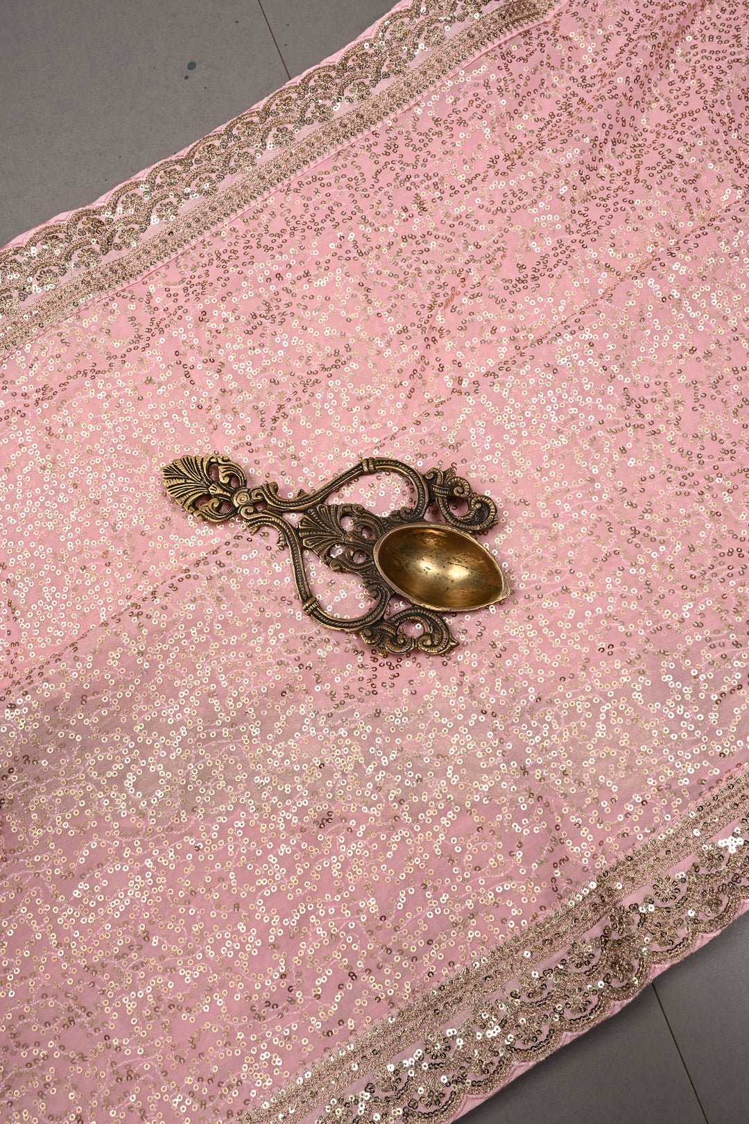 Full Sequins Embellished on Georgette Saree in Baby Pink with Scalloped Border |SHOBITAM