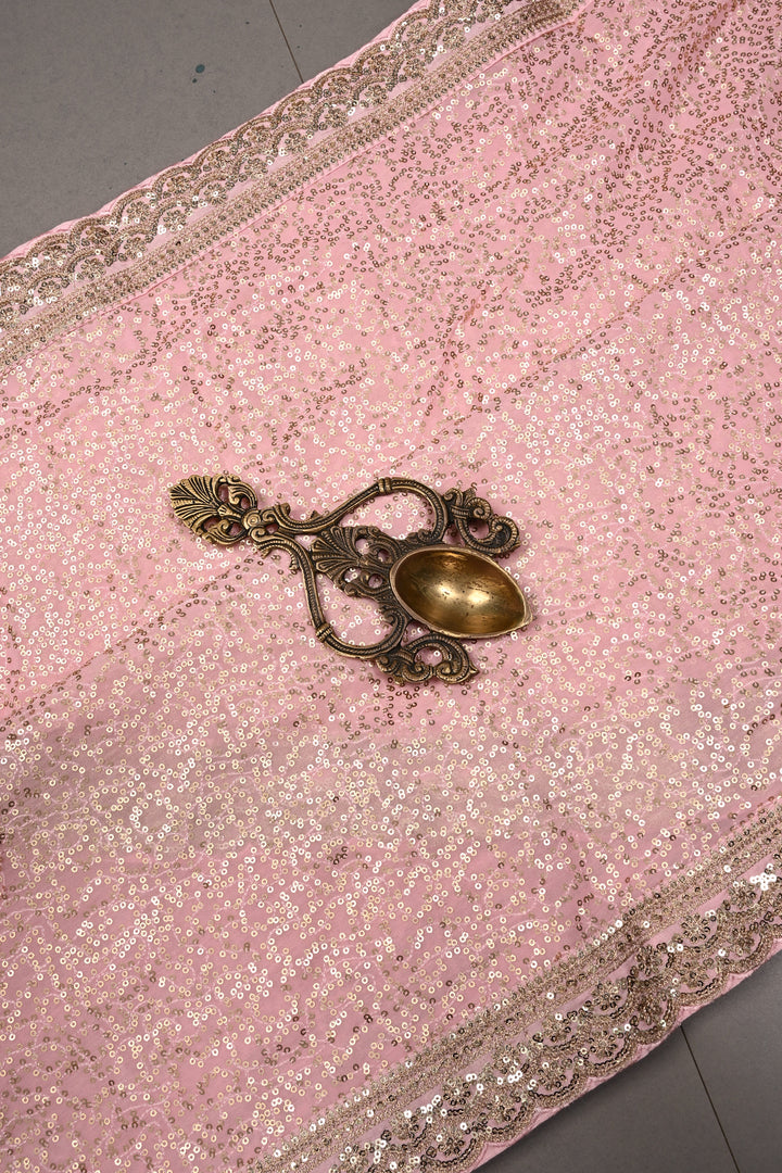 Full Sequins Embellished on Georgette Saree in Baby Pink with Scalloped Border |SHOBITAM