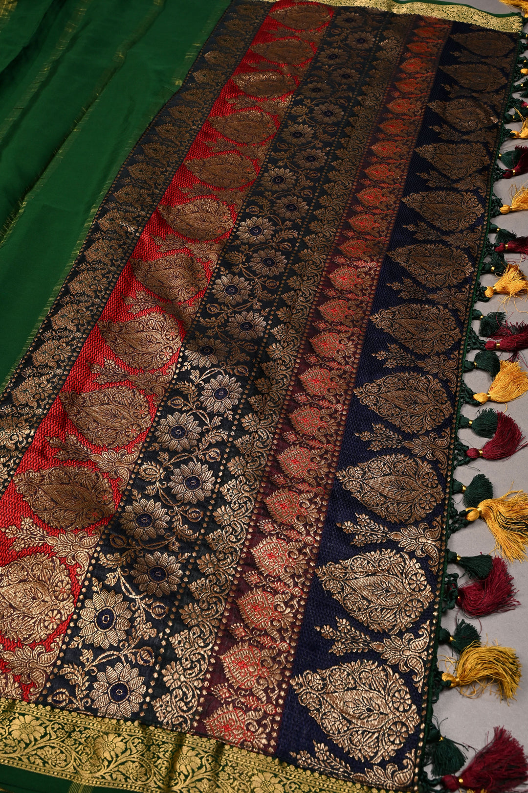 Banarasi Brocade Applique and Light Cutdana Highlights on Pure Mysore Silk Saree in Emerald Green with Minimal Zari Borders | SILK MARK CERTIFIED | SHOBITAM
