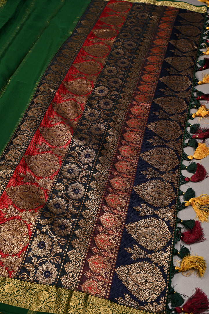 Banarasi Brocade Applique and Light Cutdana Highlights on Pure Mysore Silk Saree in Emerald Green with Minimal Zari Borders | SILK MARK CERTIFIED | SHOBITAM