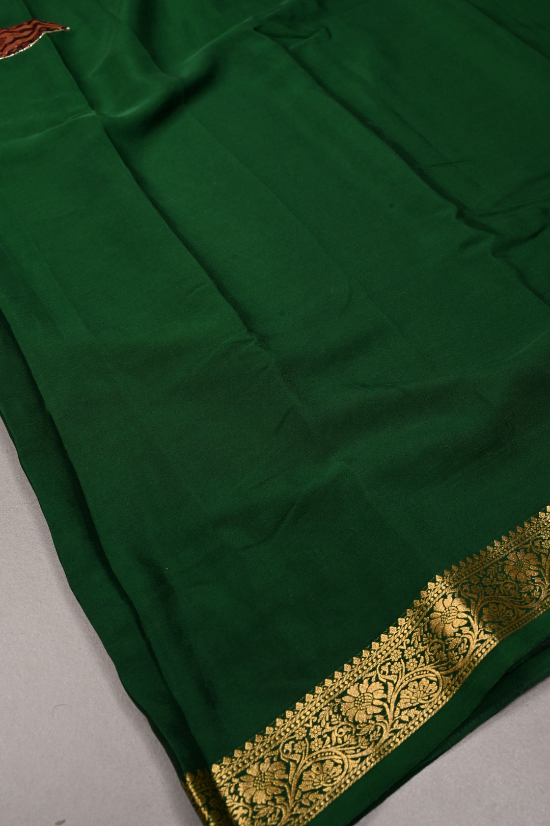 Banarasi Brocade Applique and Light Cutdana Highlights on Pure Mysore Silk Saree in Emerald Green with Minimal Zari Borders | SILK MARK CERTIFIED | SHOBITAM