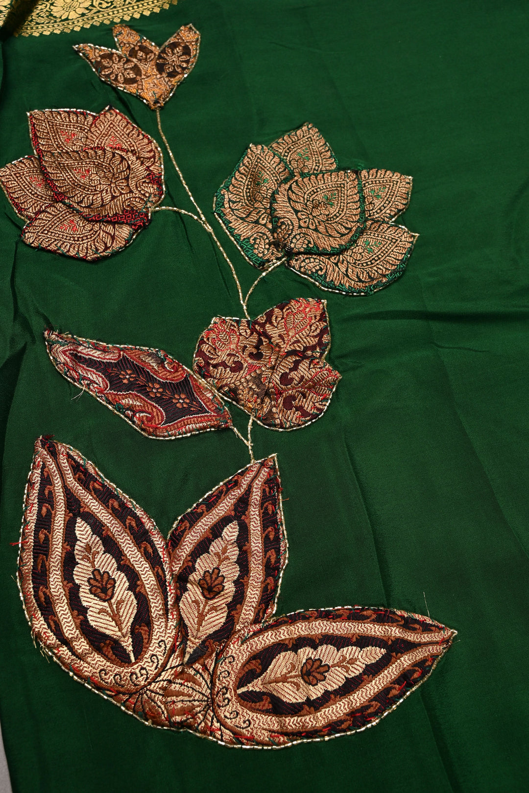 Banarasi Brocade Applique and Light Cutdana Highlights on Pure Mysore Silk Saree in Emerald Green with Minimal Zari Borders | SILK MARK CERTIFIED | SHOBITAM