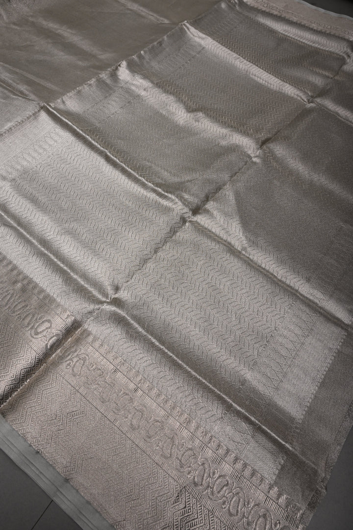 Classy Silver Pure Tissue By Tissue Silk Saree with Self Brocade and Zari Border | SILK MARK CERTIFIED | SHOBITAM