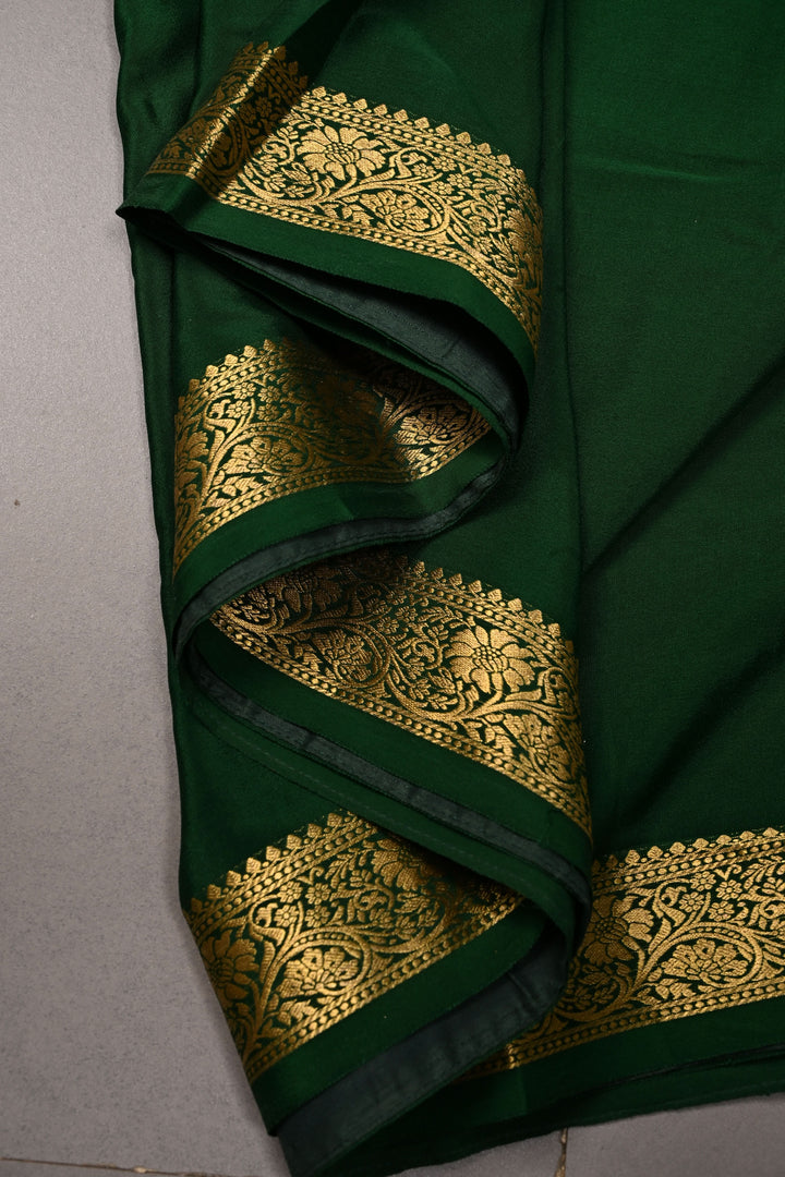 Banarasi Brocade Applique and Light Cutdana Highlights on Pure Mysore Silk Saree in Emerald Green with Minimal Zari Borders | SILK MARK CERTIFIED | SHOBITAM