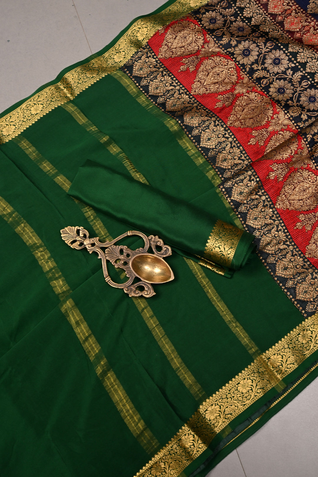 Banarasi Brocade Applique and Light Cutdana Highlights on Pure Mysore Silk Saree in Emerald Green with Minimal Zari Borders | SILK MARK CERTIFIED | SHOBITAM