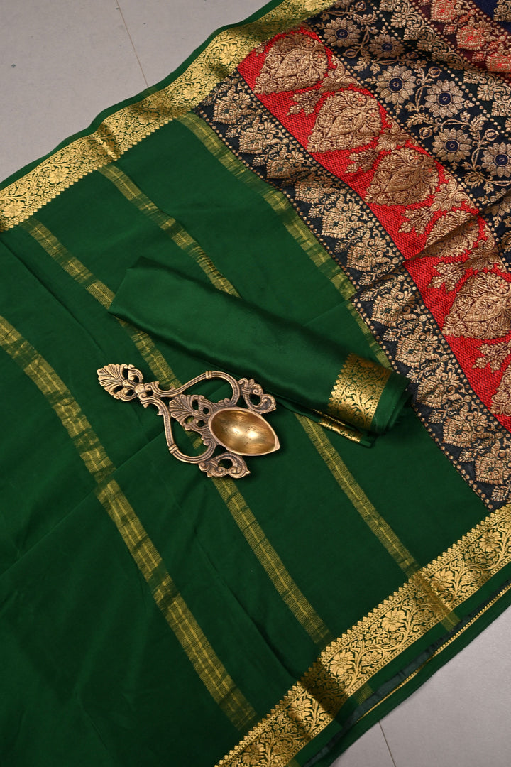 Banarasi Brocade Applique and Light Cutdana Highlights on Pure Mysore Silk Saree in Emerald Green with Minimal Zari Borders | SILK MARK CERTIFIED | SHOBITAM
