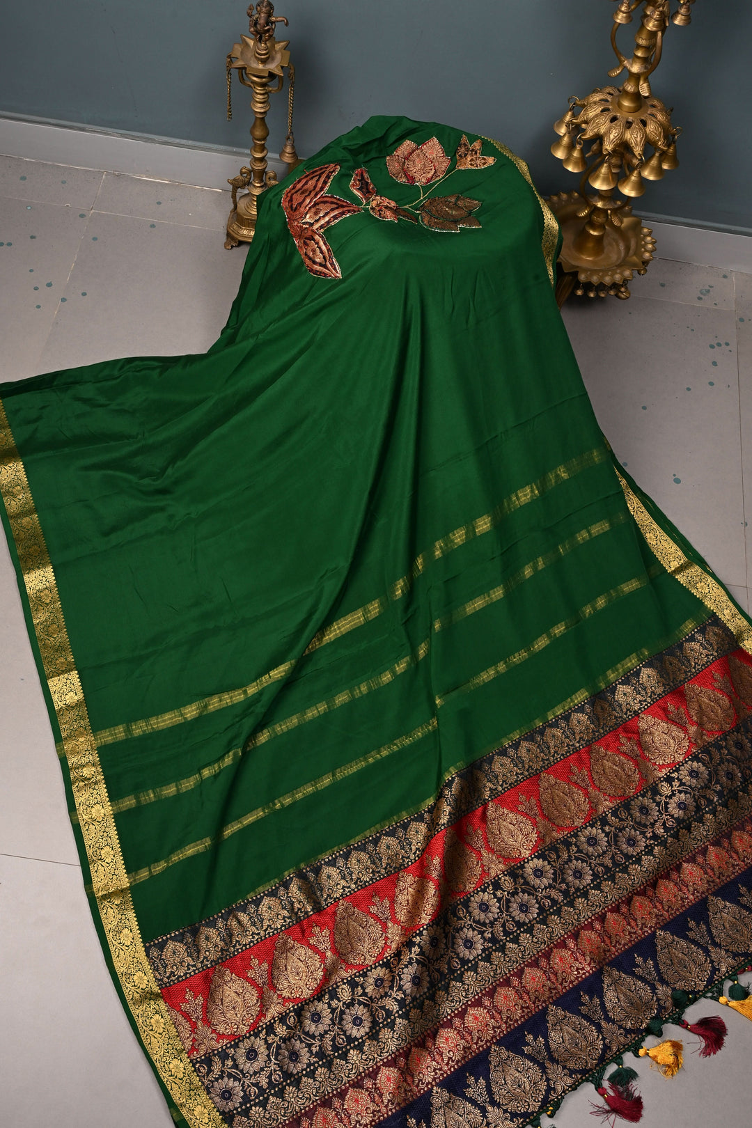 Banarasi Brocade Applique and Light Cutdana Highlights on Pure Mysore Silk Saree in Emerald Green with Minimal Zari Borders | SILK MARK CERTIFIED | SHOBITAM