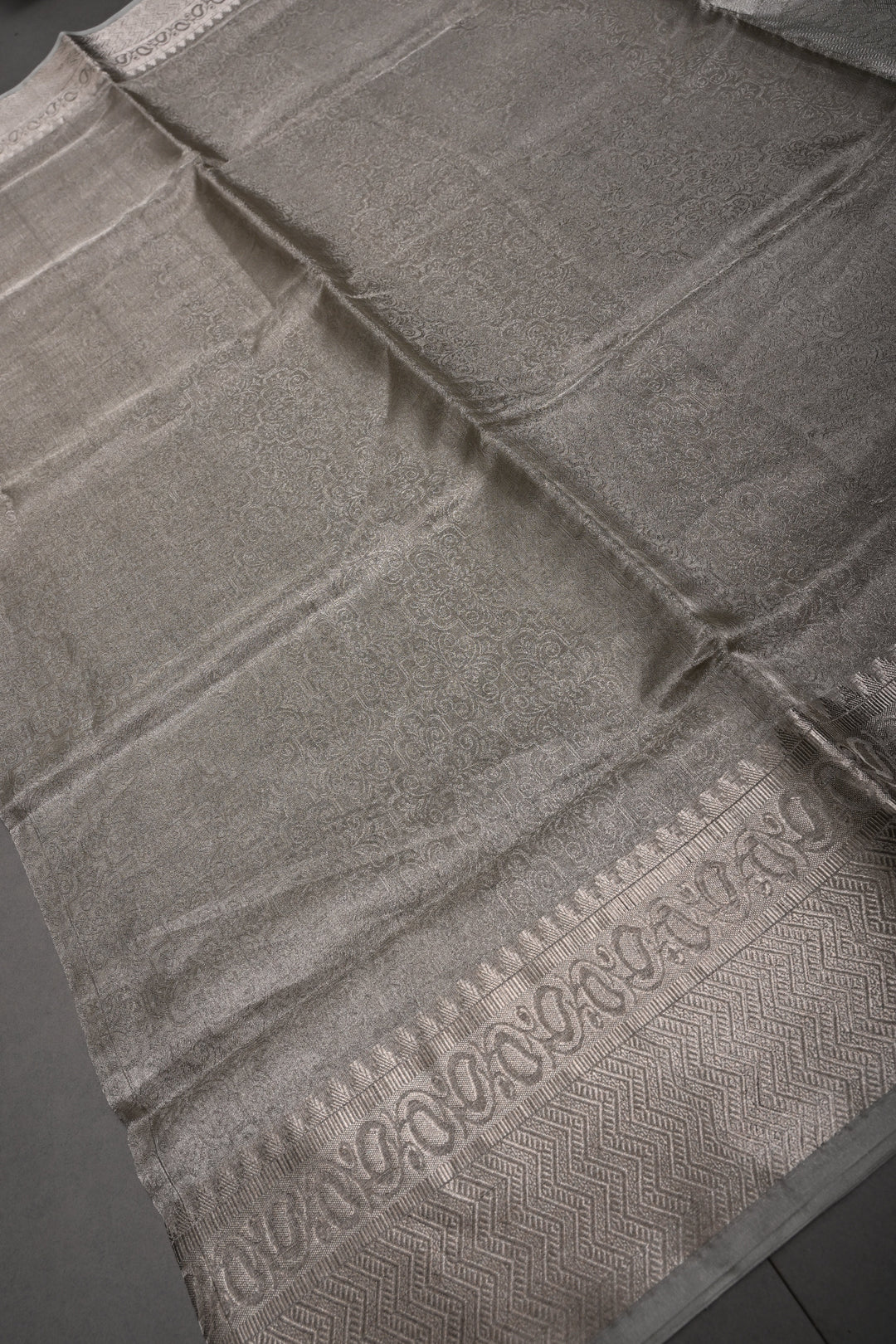 Classy Silver Pure Tissue By Tissue Silk Saree with Self Brocade and Zari Border | SILK MARK CERTIFIED | SHOBITAM