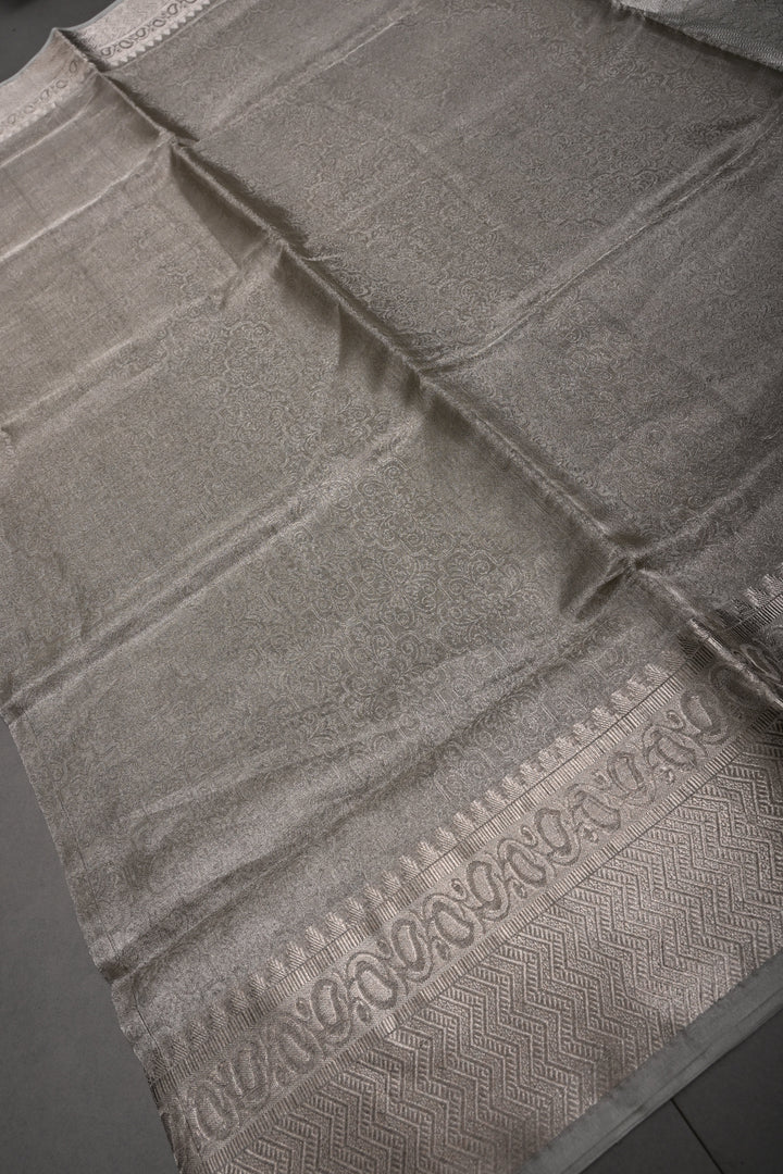 Classy Silver Pure Tissue By Tissue Silk Saree with Self Brocade and Zari Border | SILK MARK CERTIFIED | SHOBITAM