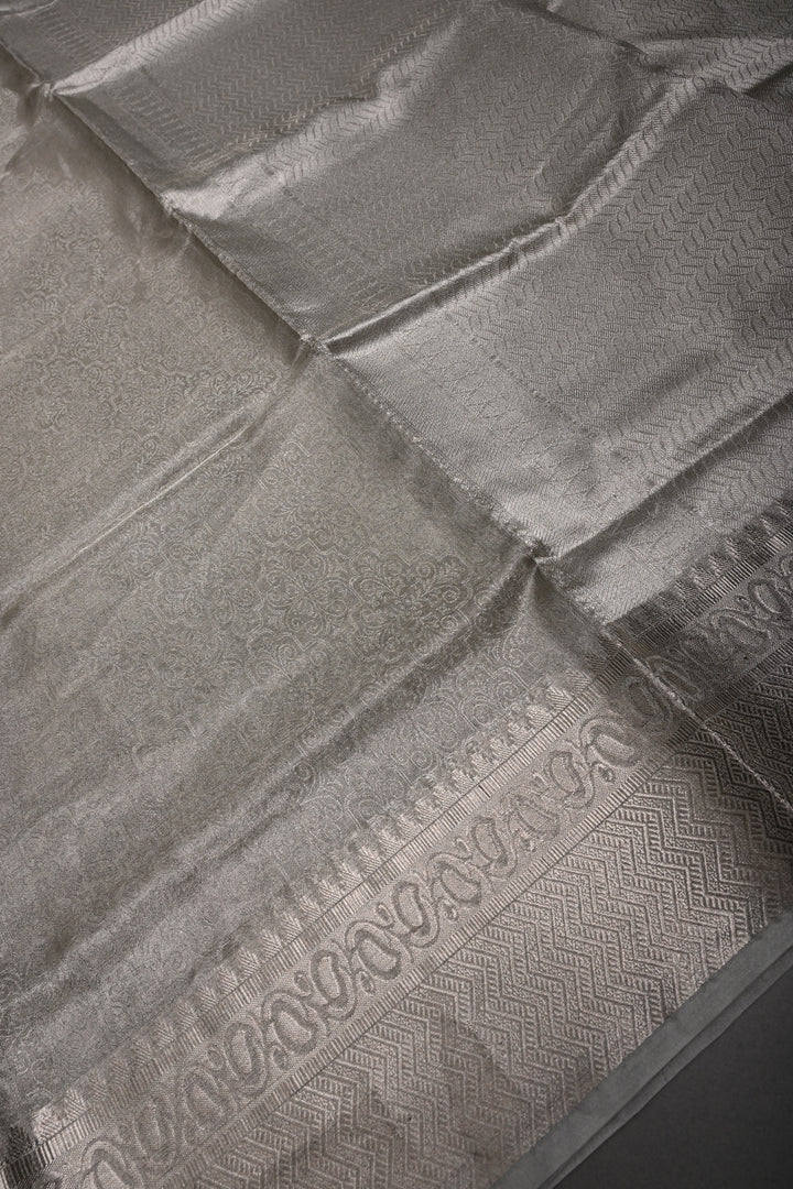 Classy Silver Pure Tissue By Tissue Silk Saree with Self Brocade and Zari Border | SILK MARK CERTIFIED | SHOBITAM