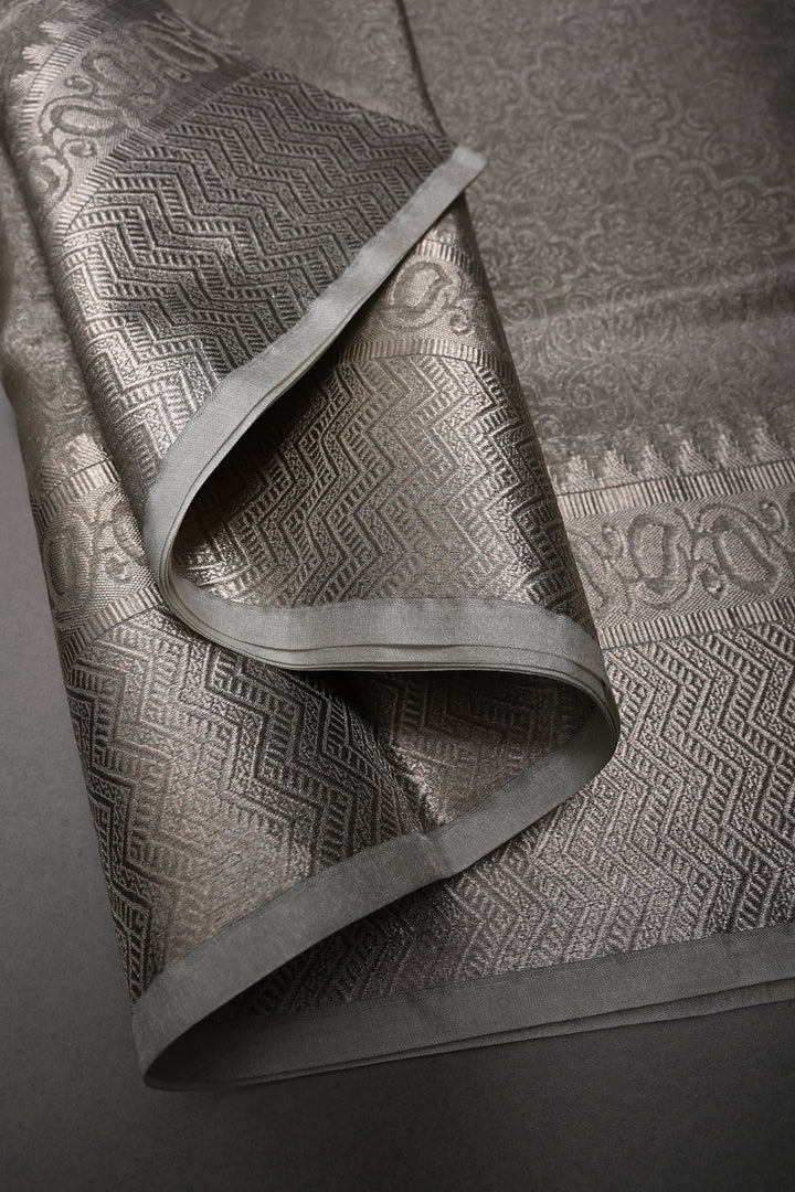 Classy Silver Pure Tissue By Tissue Silk Saree with Self Brocade and Zari Border | SILK MARK CERTIFIED | SHOBITAM