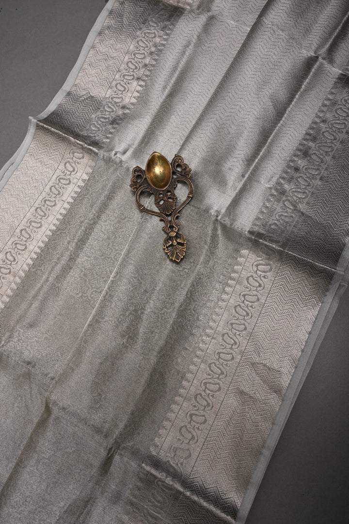 Classy Silver Pure Tissue By Tissue Silk Saree with Self Brocade and Zari Border | SILK MARK CERTIFIED | SHOBITAM