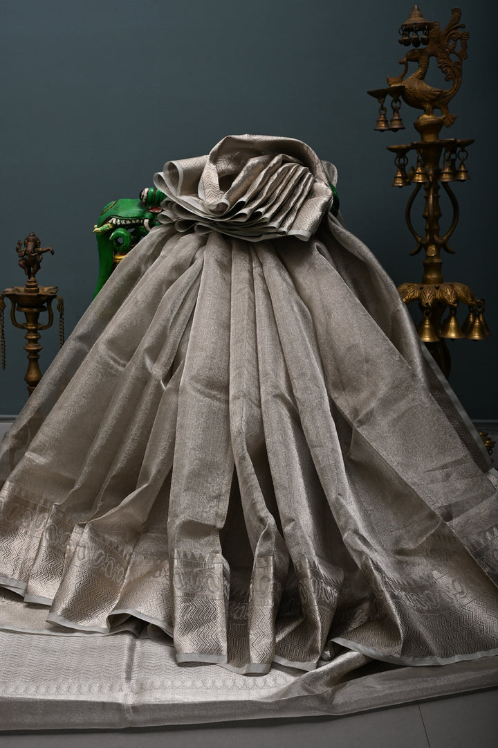 Classy Silver Pure Tissue By Tissue Silk Saree with Self Brocade and Zari Border | SILK MARK CERTIFIED | SHOBITAM