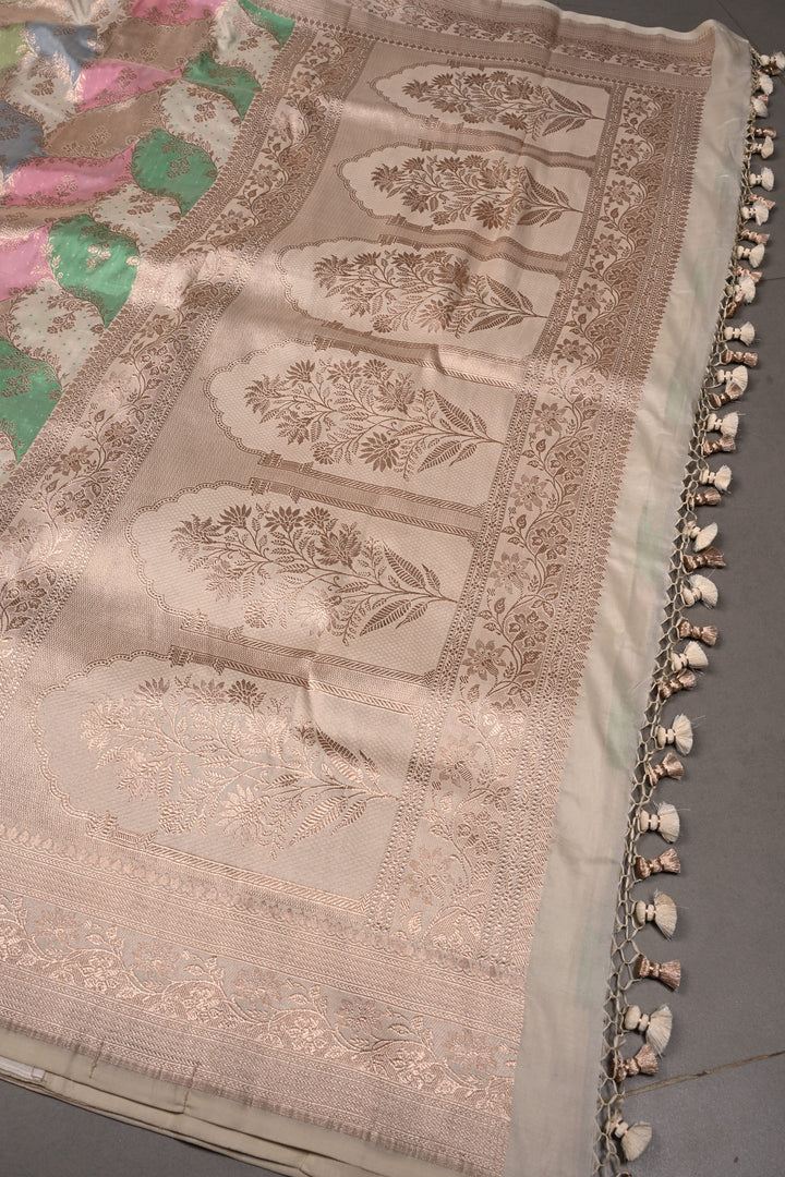 Multicolor Rangkaat Style on Banarasi Katan Silk Saree with Floral Brocade Jaal and Zari Border | SILK MARK CERTIFIED | SHOBITAM
