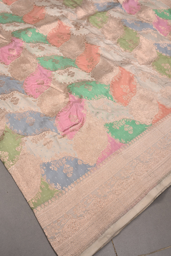 Multicolor Rangkaat Style on Banarasi Katan Silk Saree with Floral Brocade Jaal and Zari Border | SILK MARK CERTIFIED | SHOBITAM