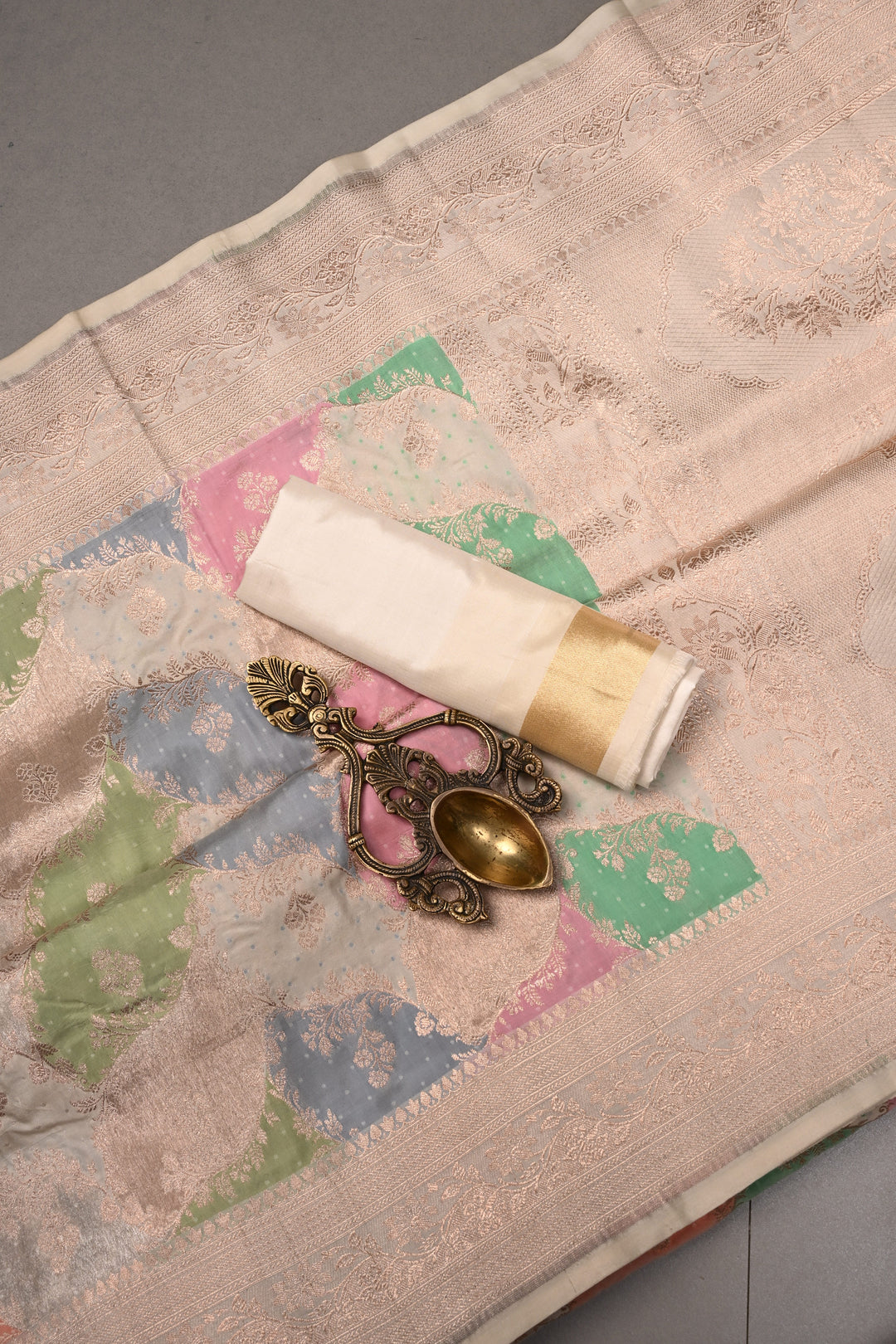 Multicolor Rangkaat Style on Banarasi Katan Silk Saree with Floral Brocade Jaal and Zari Border | SILK MARK CERTIFIED | SHOBITAM