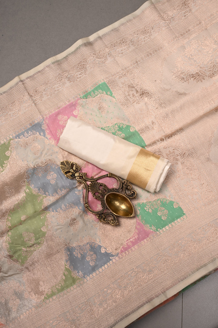 Multicolor Rangkaat Style on Banarasi Katan Silk Saree with Floral Brocade Jaal and Zari Border | SILK MARK CERTIFIED | SHOBITAM