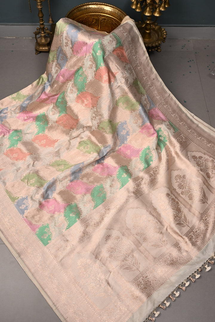 Multicolor Rangkaat Style on Banarasi Katan Silk Saree with Floral Brocade Jaal and Zari Border | SILK MARK CERTIFIED | SHOBITAM