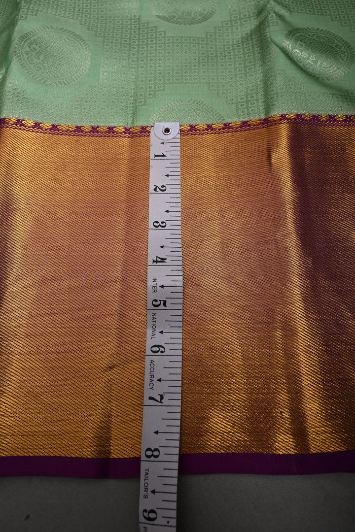 Mint Green Pure Kanjivaram Silk Saree with Silver Mandala Elephant Brocade and Contrast Zari Border | SILK MARK CERTIFIED | SHOBITAM
