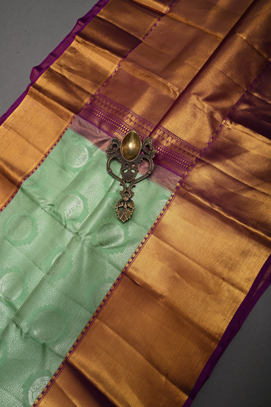 Mint Green Pure Kanjivaram Silk Saree with Silver Mandala Elephant Brocade and Contrast Zari Border | SILK MARK CERTIFIED | SHOBITAM