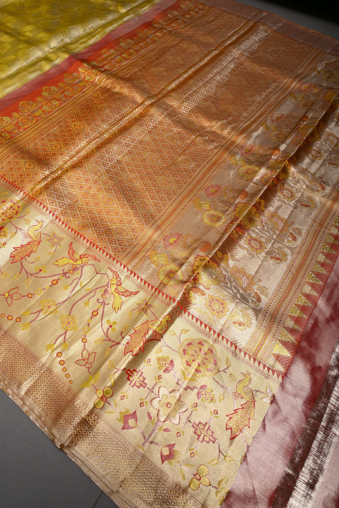 Elegant Butter Yellow Gold Pure Kanjivaram Tissue Silk Saree with Leaf Brocade and Meenakari Red Contrast Zari Border | SILK MARK CERTIFIED | SHOBITAM