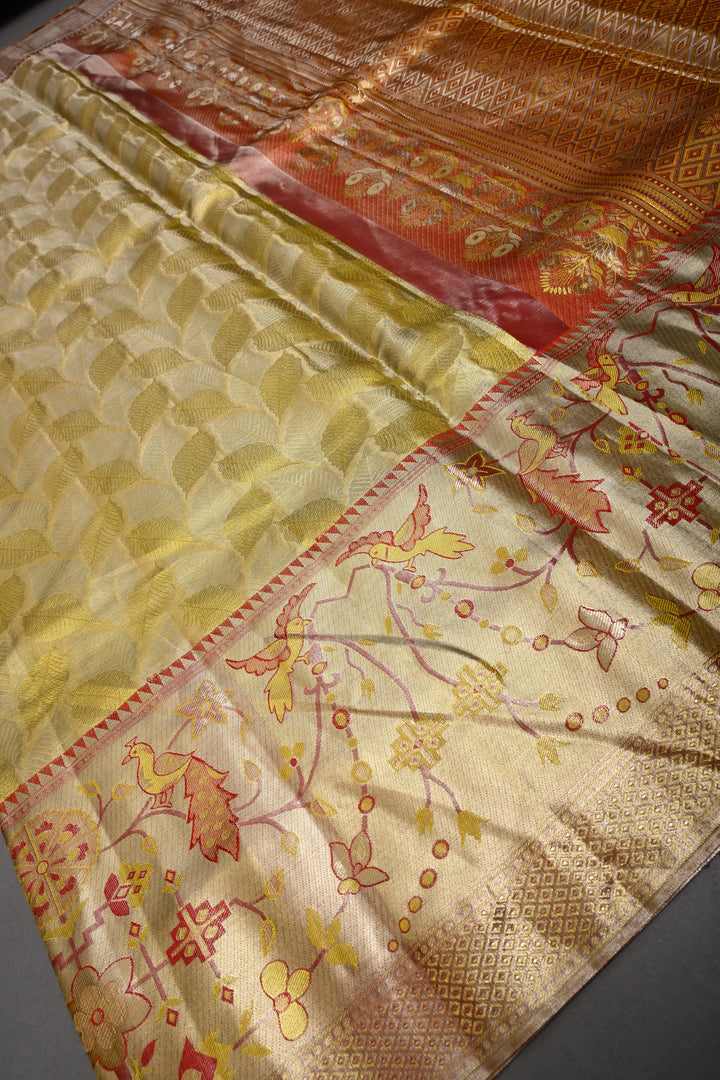 Elegant Butter Yellow Gold Pure Kanjivaram Tissue Silk Saree with Leaf Brocade and Meenakari Red Contrast Zari Border | SILK MARK CERTIFIED | SHOBITAM