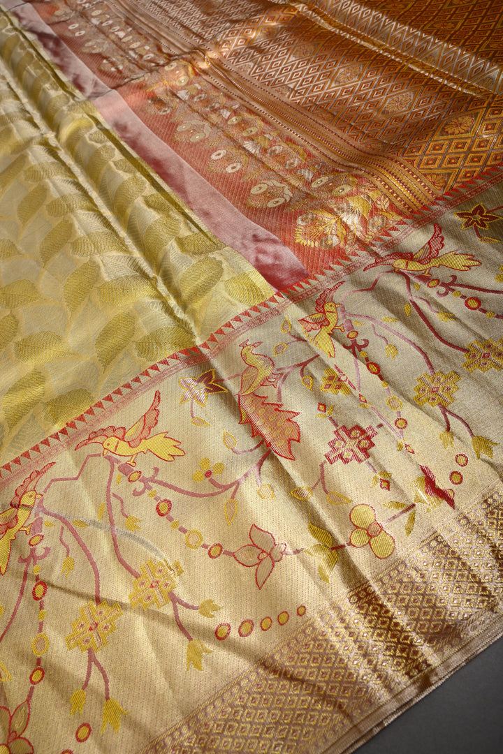 Elegant Butter Yellow Gold Pure Kanjivaram Tissue Silk Saree with Leaf Brocade and Meenakari Red Contrast Zari Border | SILK MARK CERTIFIED | SHOBITAM