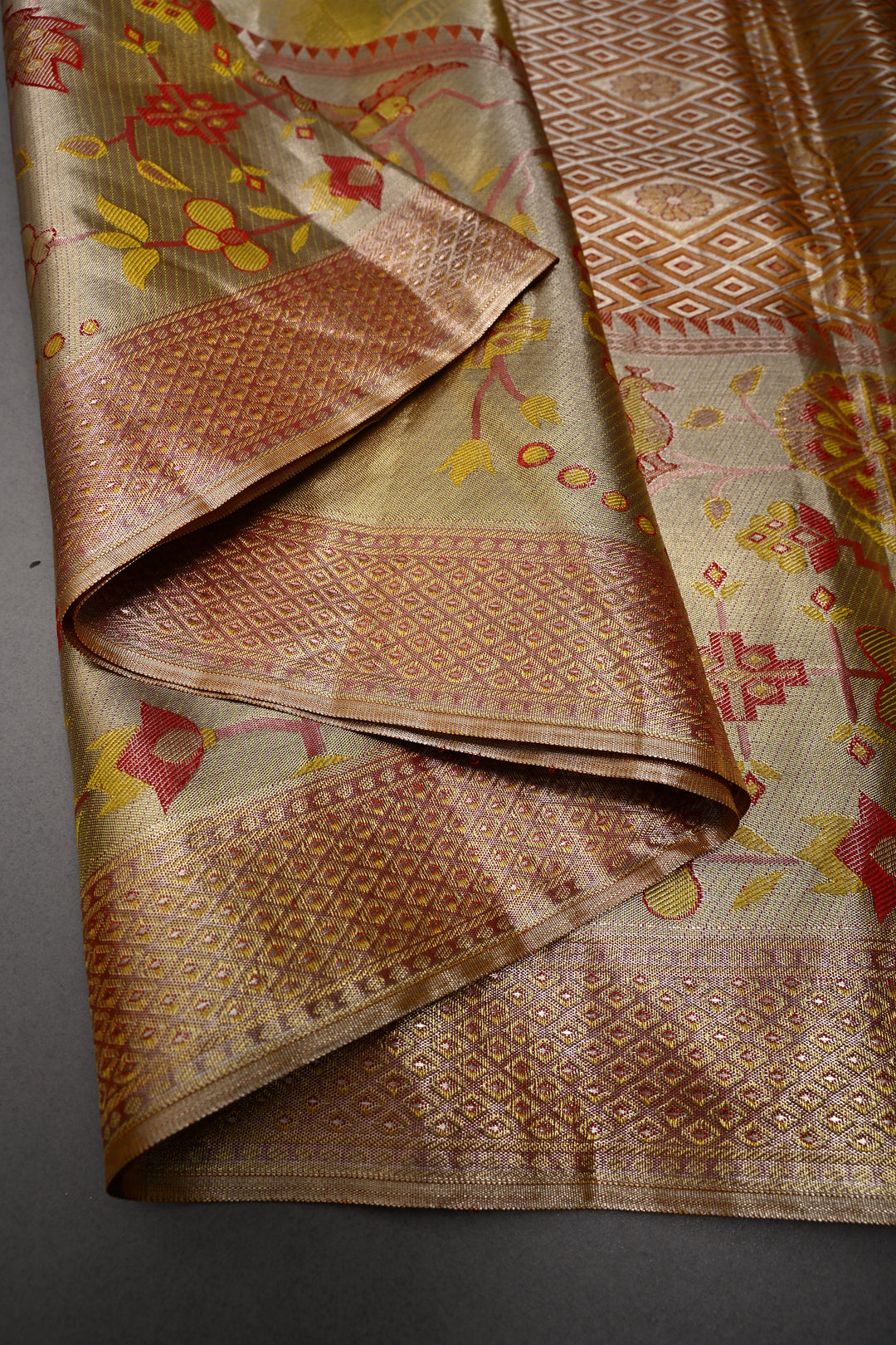 Elegant Butter Yellow Gold Pure Kanjivaram Tissue Silk Saree with Leaf Brocade and Meenakari Red Contrast Zari Border | SILK MARK CERTIFIED | SHOBITAM