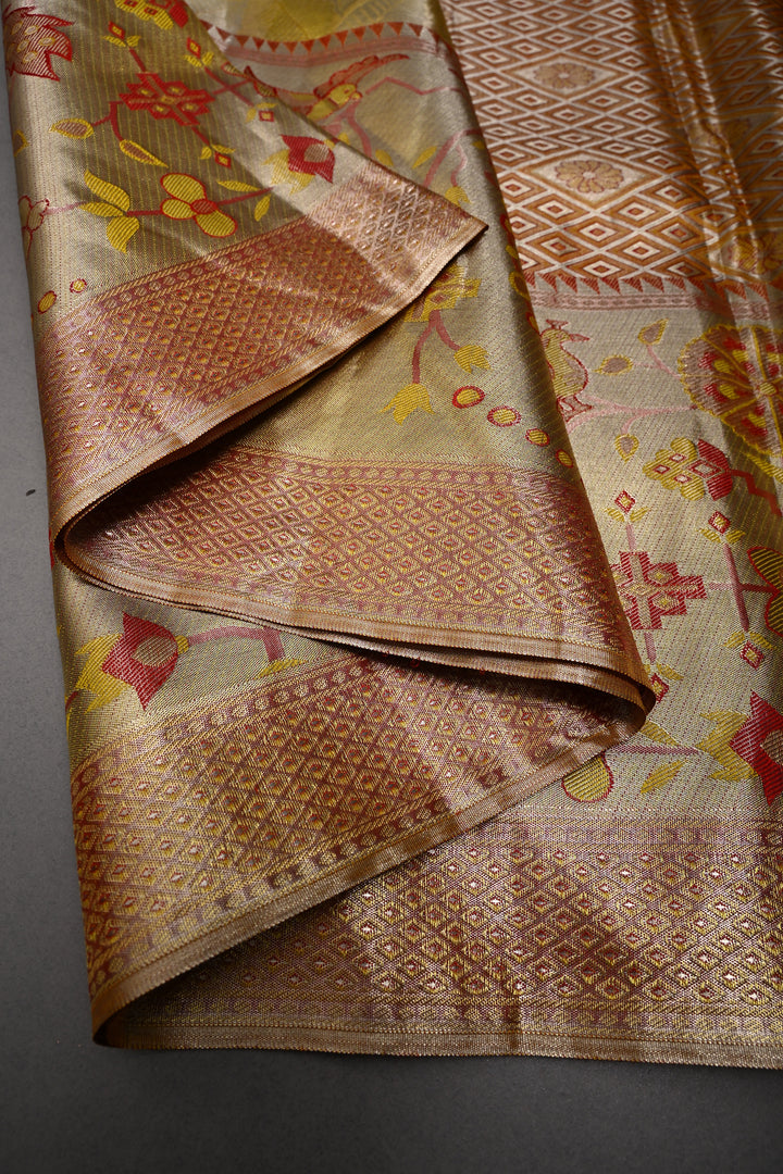 Elegant Butter Yellow Gold Pure Kanjivaram Tissue Silk Saree with Leaf Brocade and Meenakari Red Contrast Zari Border | SILK MARK CERTIFIED | SHOBITAM