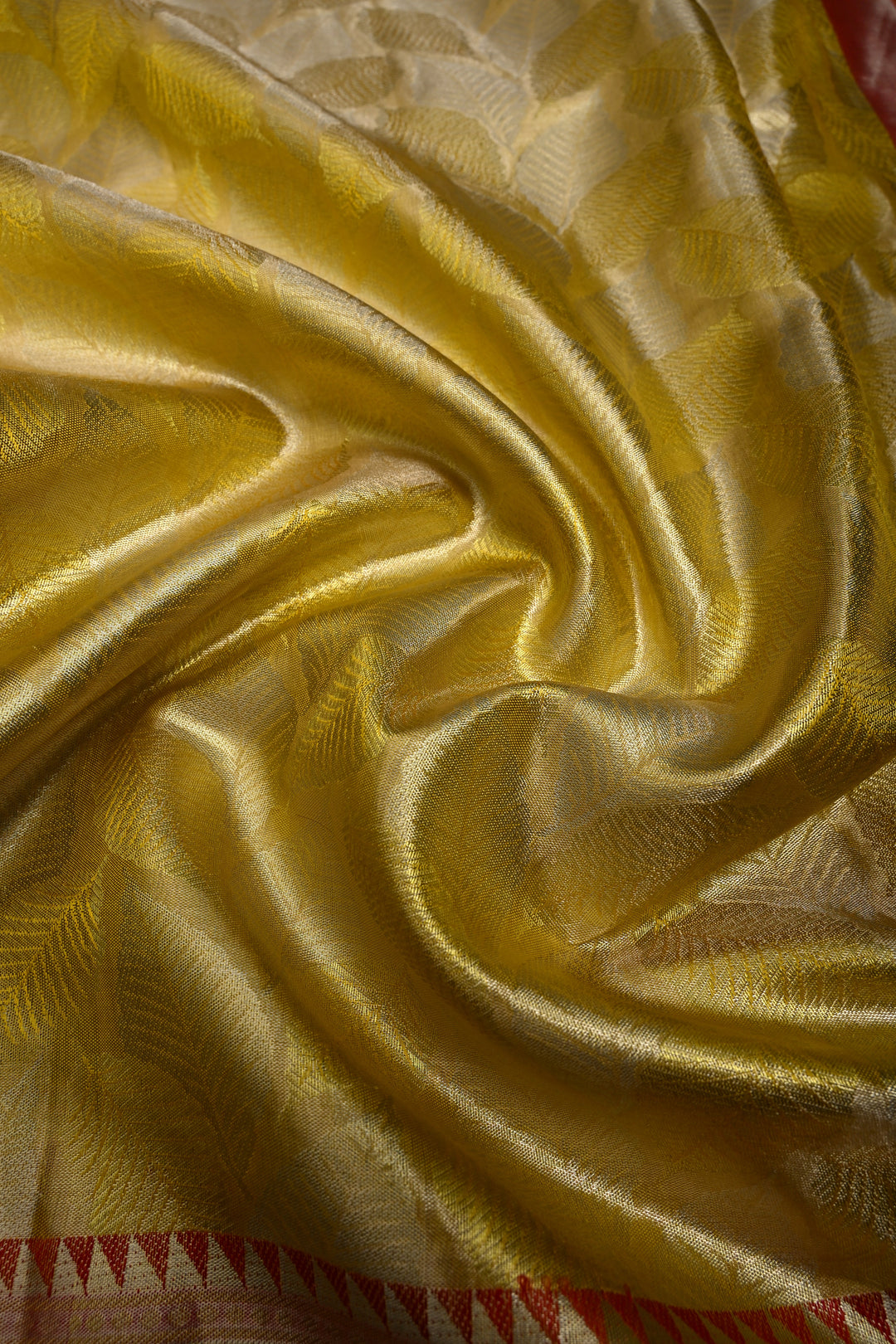 Elegant Butter Yellow Gold Pure Kanjivaram Tissue Silk Saree with Leaf Brocade and Meenakari Red Contrast Zari Border | SILK MARK CERTIFIED | SHOBITAM
