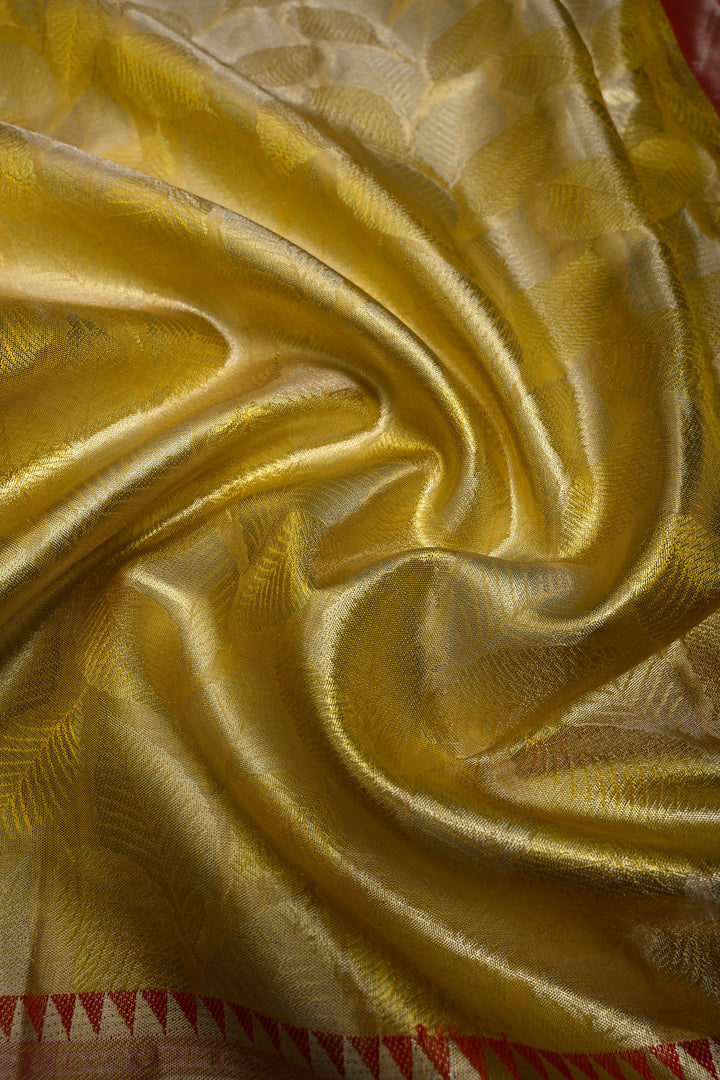 Elegant Butter Yellow Gold Pure Kanjivaram Tissue Silk Saree with Leaf Brocade and Meenakari Red Contrast Zari Border | SILK MARK CERTIFIED | SHOBITAM