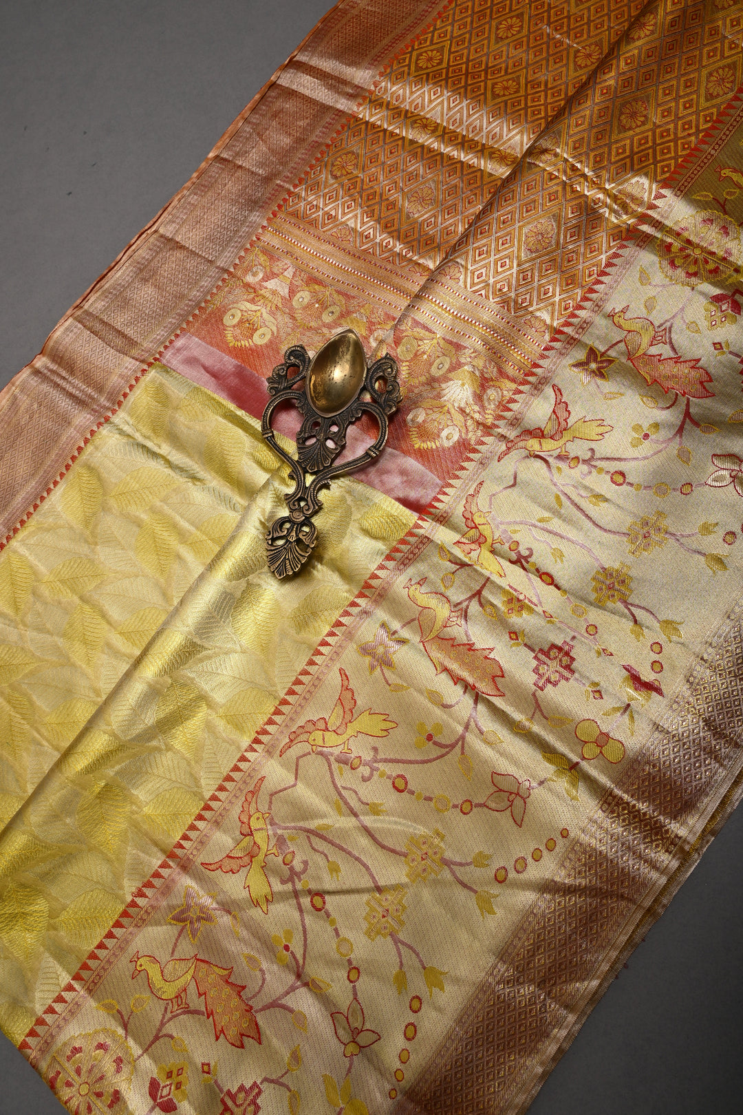 Elegant Butter Yellow Gold Pure Kanjivaram Tissue Silk Saree with Leaf Brocade and Meenakari Red Contrast Zari Border | SILK MARK CERTIFIED | SHOBITAM