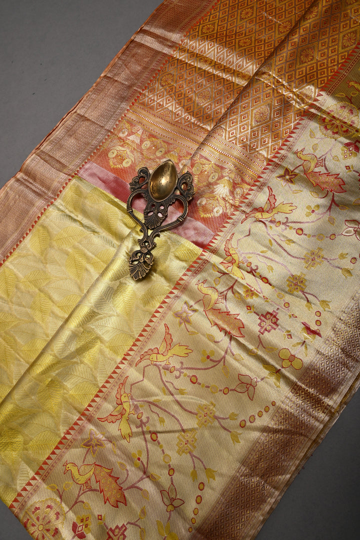 Elegant Butter Yellow Gold Pure Kanjivaram Tissue Silk Saree with Leaf Brocade and Meenakari Red Contrast Zari Border | SILK MARK CERTIFIED | SHOBITAM