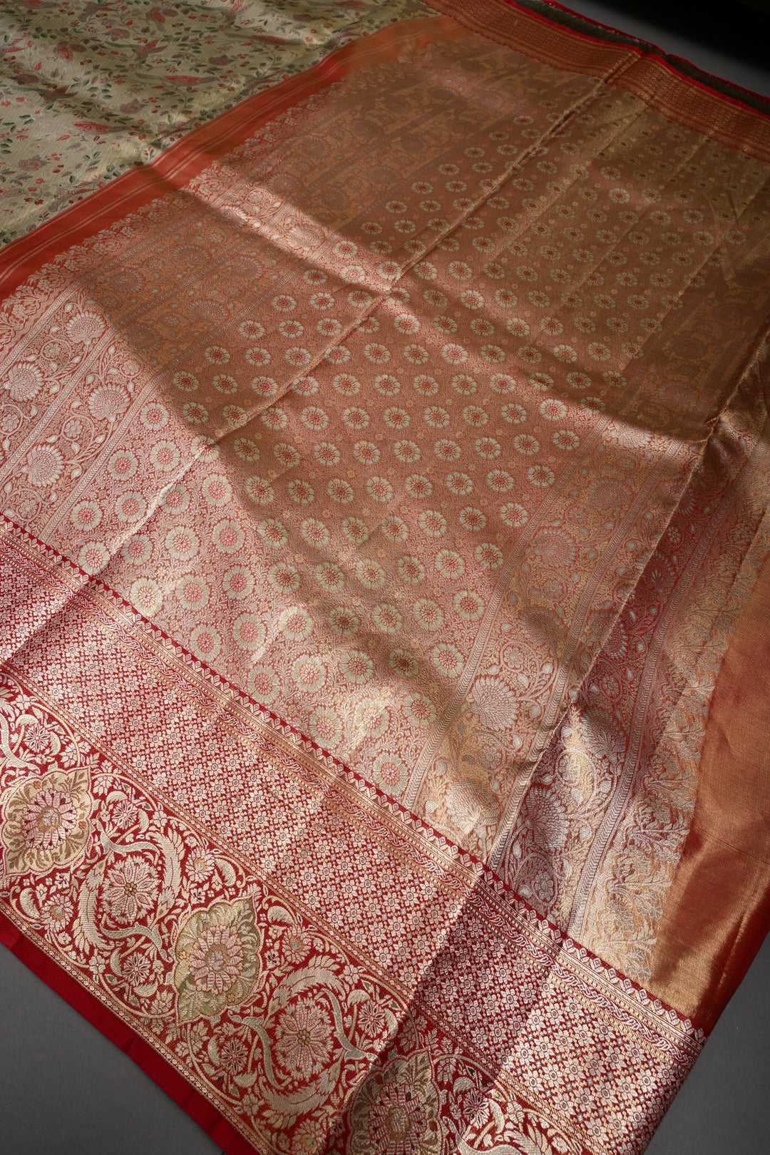 Regal Muted Gold Meenakari on Pure Kanjivaram Tissue Silk Saree with Birds-Floral Brocade and Contrast Zari Border | SILK MARK CERTIFIED | SHOBITAM