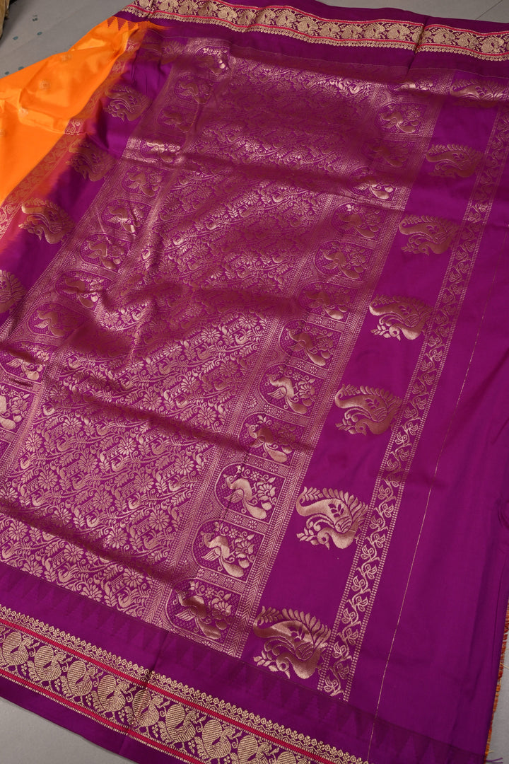 9 Yards Madisar Yellowish Orange Dual Tone Semi Silk Saree with Zari Buttas and Contrast Zari Border , No Blouse Piece