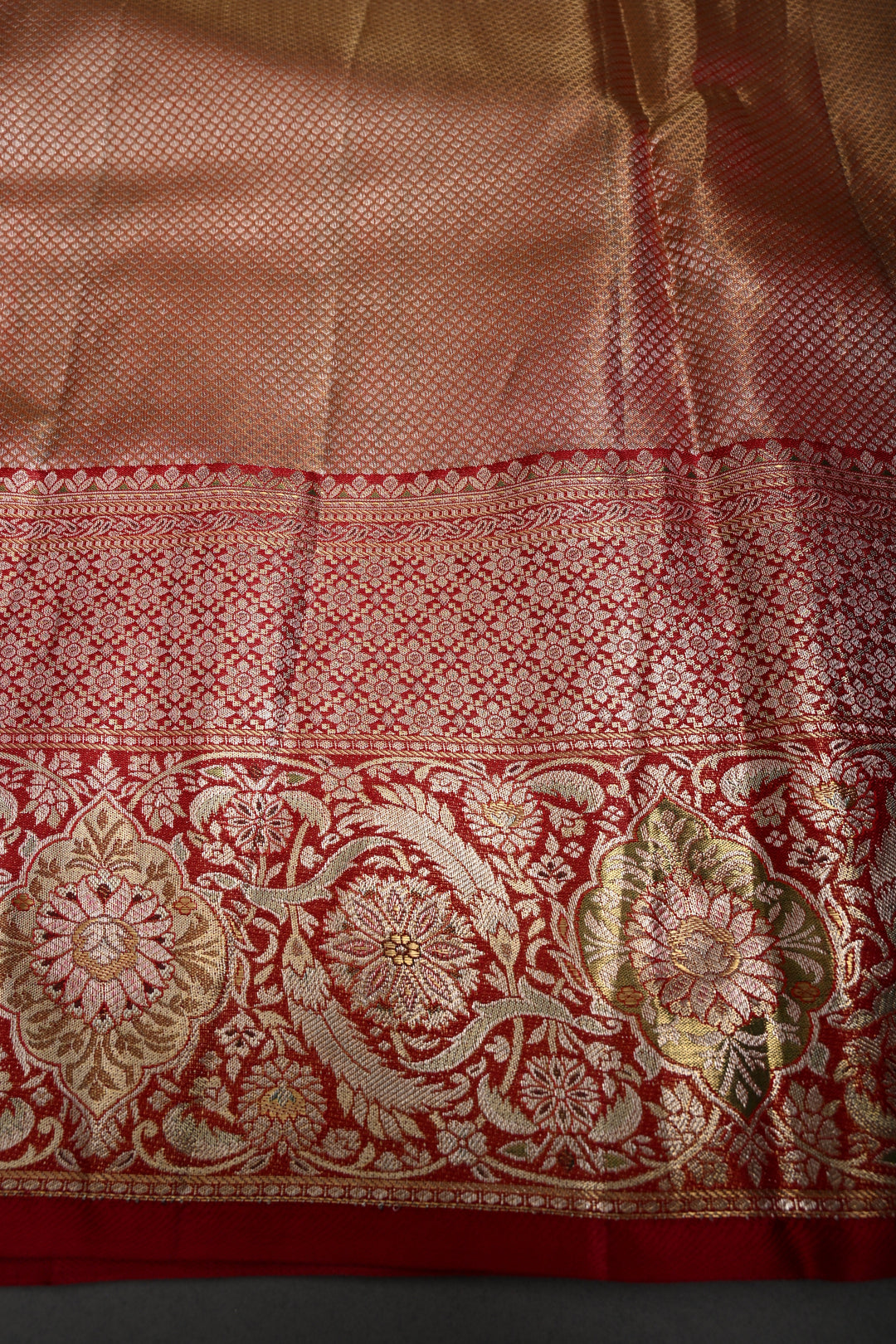 Regal Muted Gold Meenakari on Pure Kanjivaram Tissue Silk Saree with Birds-Floral Brocade and Contrast Zari Border | SILK MARK CERTIFIED | SHOBITAM