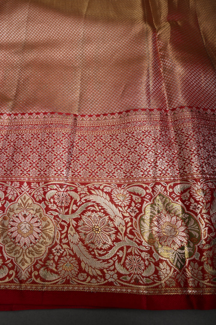 Regal Muted Gold Meenakari on Pure Kanjivaram Tissue Silk Saree with Birds-Floral Brocade and Contrast Zari Border | SILK MARK CERTIFIED | SHOBITAM