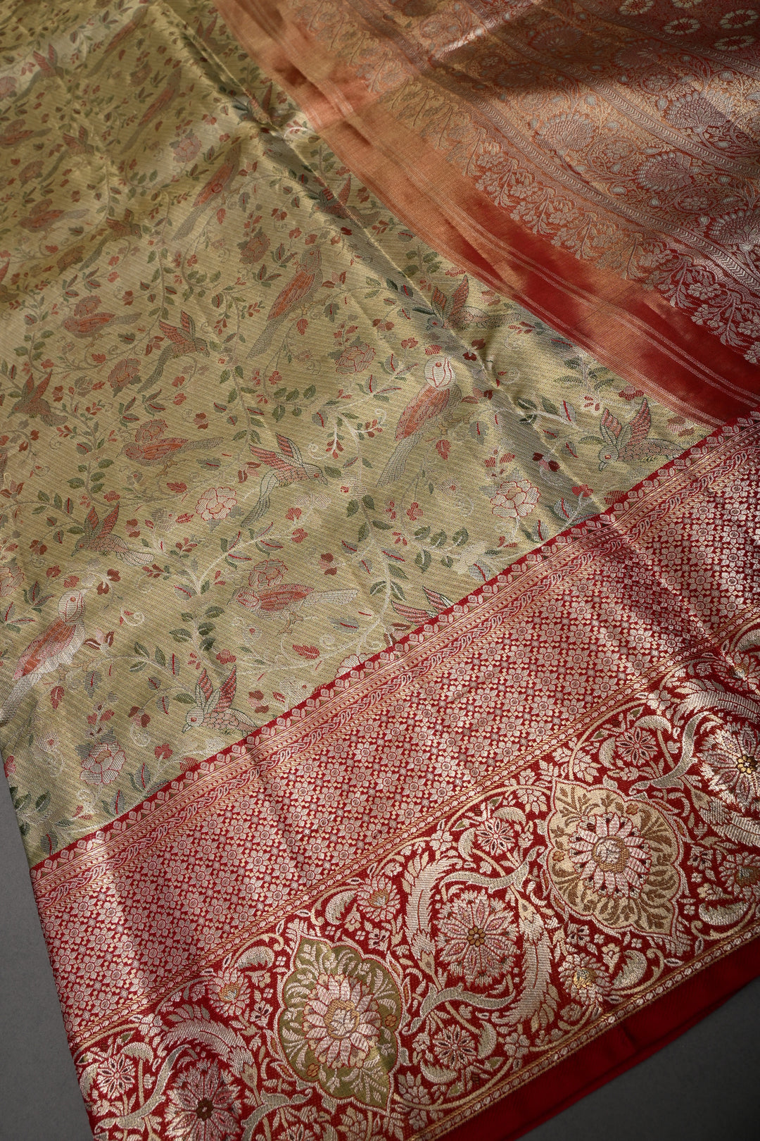Regal Muted Gold Meenakari on Pure Kanjivaram Tissue Silk Saree with Birds-Floral Brocade and Contrast Zari Border | SILK MARK CERTIFIED | SHOBITAM