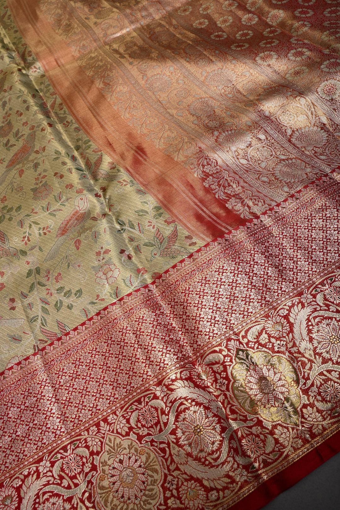 Regal Muted Gold Meenakari on Pure Kanjivaram Tissue Silk Saree with Birds-Floral Brocade and Contrast Zari Border | SILK MARK CERTIFIED | SHOBITAM