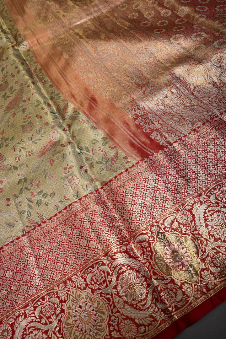 Regal Muted Gold Meenakari on Pure Kanjivaram Tissue Silk Saree with Birds-Floral Brocade and Contrast Zari Border | SILK MARK CERTIFIED | SHOBITAM